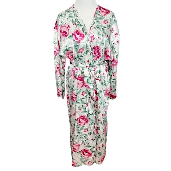 Vintage Satin Pink and Green Floral Rose Robe with Sash S - Picture 1 of 6